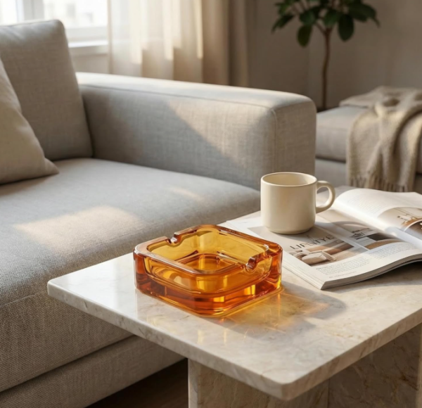 Vintage Amber Crystal Glass Ashtray